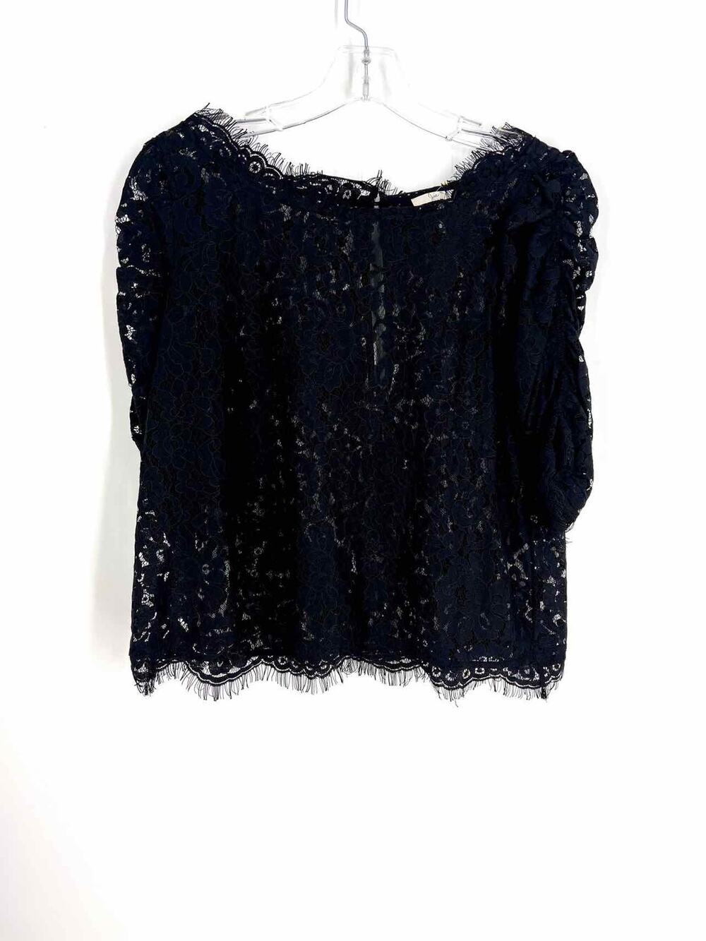 Joie Size S Black Floral Lace Ruched Sleeves Designer Top-3/4 Sleeve